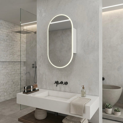 CLEARANCE OVAL LED MIRROR CABINET DN | IR WAVE SENSOR | 3-COLOUR LIGHT | DEMISTER | MATTE WHITE