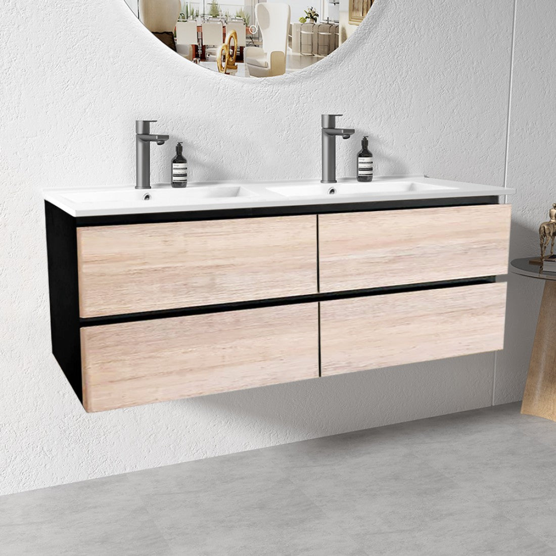 NELSON WALL HUNG VANITY | 1200MM | BLACK & LIGHT OAK | PLYWOOD| DOUBLE BASIN - The Tile Collection™