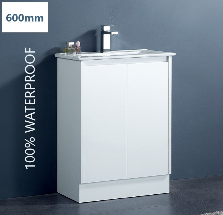 600MM PVC WATERPROOF VANITY GLOSS WHITE FLOORSTANDING WITH CERAMIC TOP