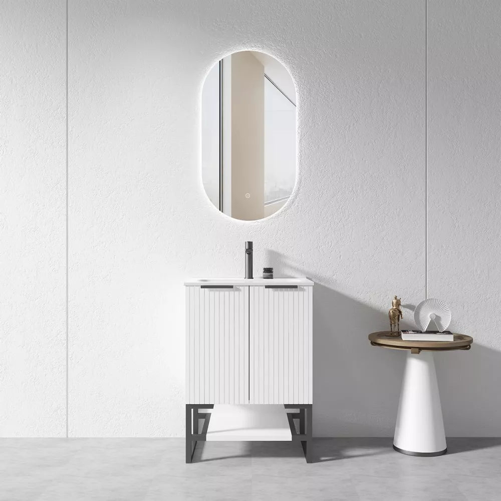 600MM FLUTED WHITE FLOORSTANDING PLYWOOD VANITY WITH CERAMIC TOP - The Tile Collection™