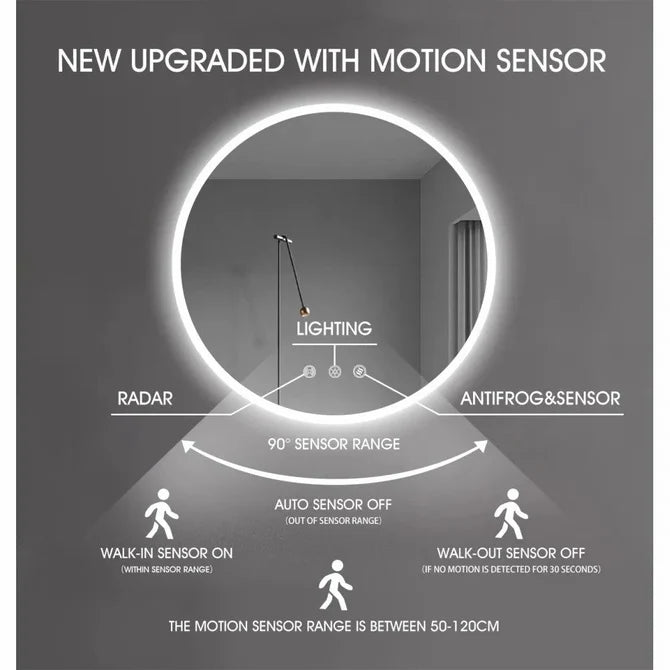 600MM ROUND LED MIRROR WITH MOTION SENSOR | DEMISTER | 3 COLOUR LIGHTS