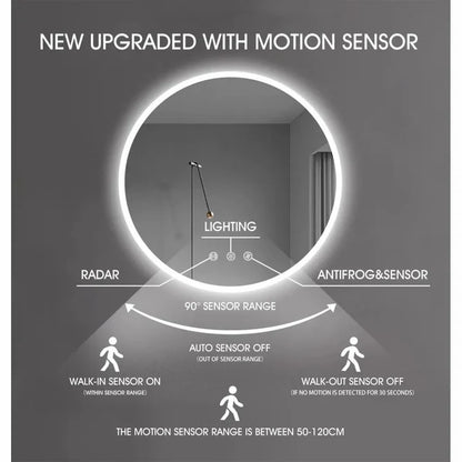 600MM ROUND LED MIRROR WITH MOTION SENSOR | DEMISTER | 3 COLOUR LIGHTS