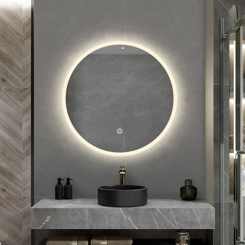 800MM ELBA ROUND LED MIRROR BC| DEMISTER | 3 COLOUR LIGHTS | 20MM RIM