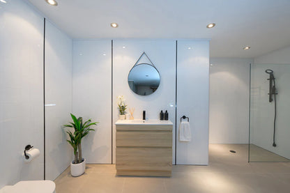 VALENTINA SLIM FLOOR STANDING VANITY | LIGHT OAK | 600MM | PLYWOOD WITH CERAMIC TOP - The Tile Collection™