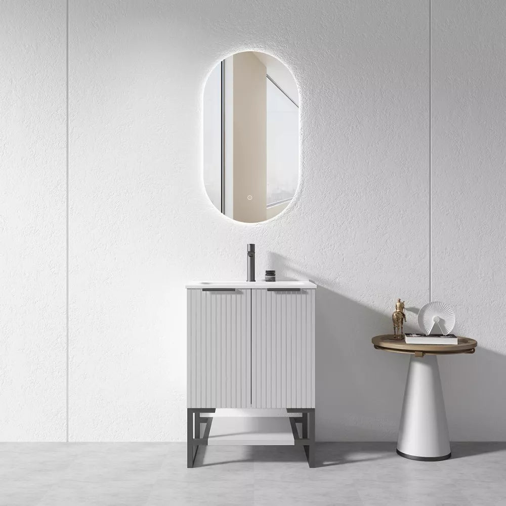 600MM FLUTED GREY PLYWOOD FLOORSTANDING VANITY WITH CERAMIC TOP - The Tile Collection™