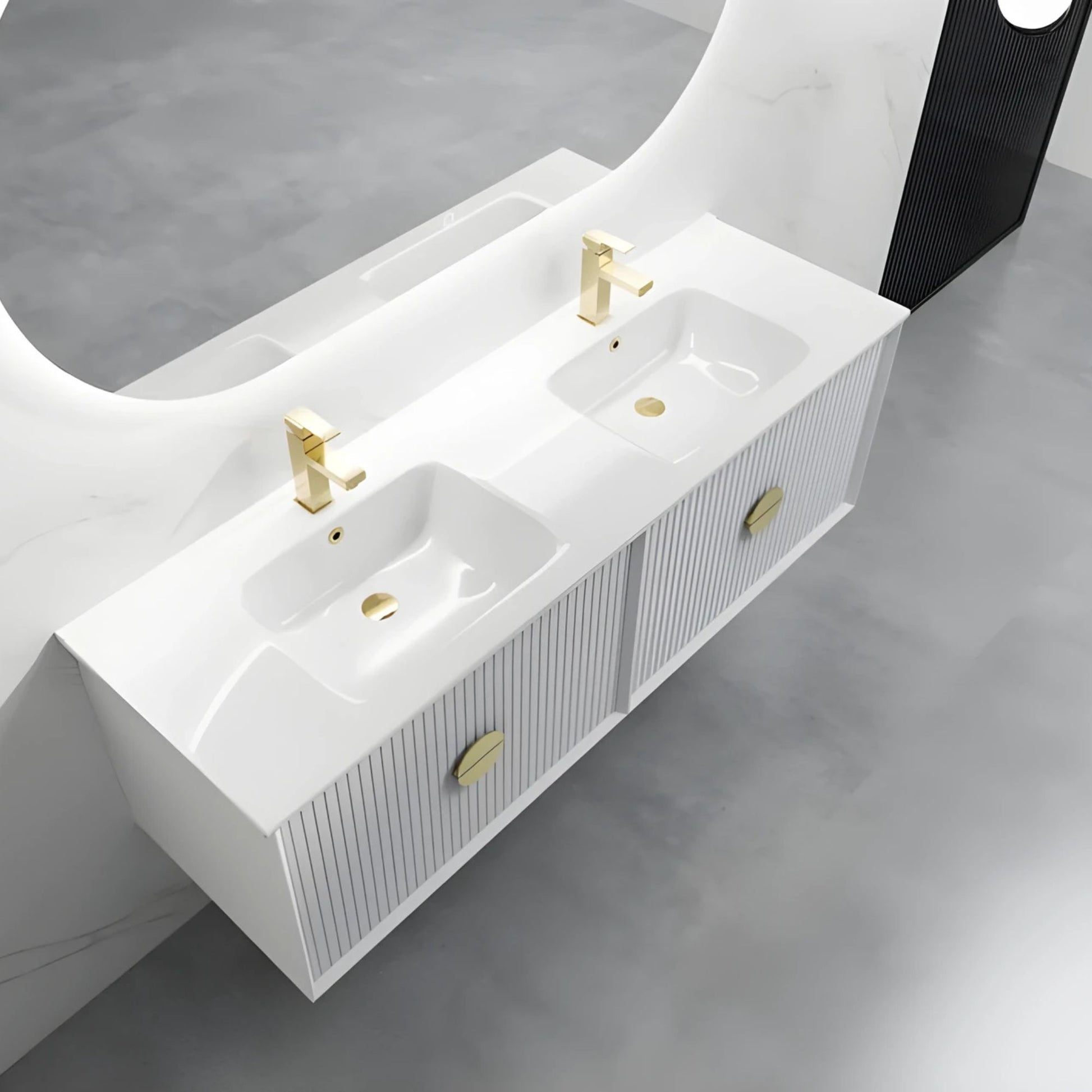 1500mm White Double Basin Vanity | Fluted Drawer Front