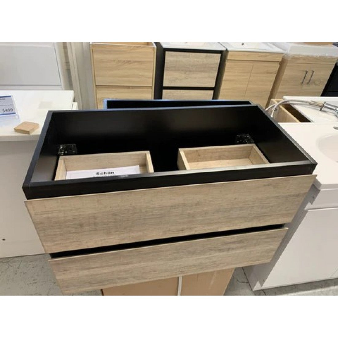 NELSON WALL HUNG VANITY | 900MM | BLACK & LIGHT OAK | PLYWOOD - The Tile Collection™