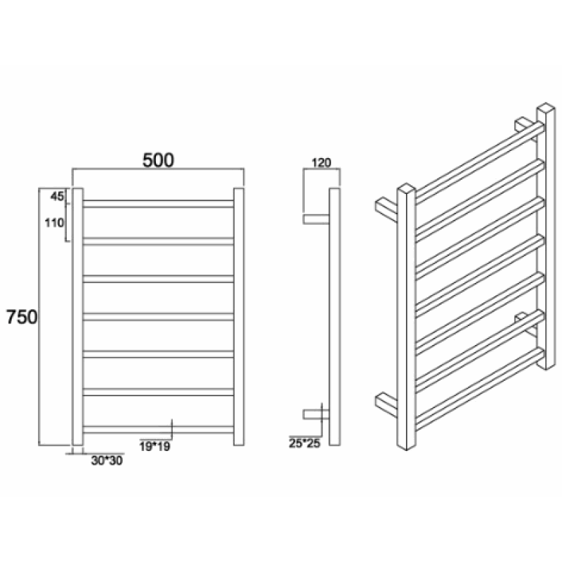 7 BAR SQUARE HEATED TOWEL RAIL DN- BRUSHED BRASS 800H*600W*120D