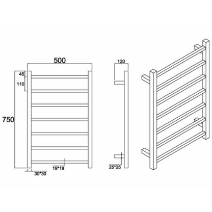 7 BAR SQUARE HEATED TOWEL RAIL DN- BRUSHED BRASS 800H*600W*120D