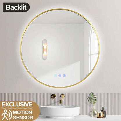 700MM ROUND BACKLIT LED MIRROR WITH MOTION SENSOR & BRUSHED BRASS FRAME | DEFOGGER | 3 COLOUR LIGHTS