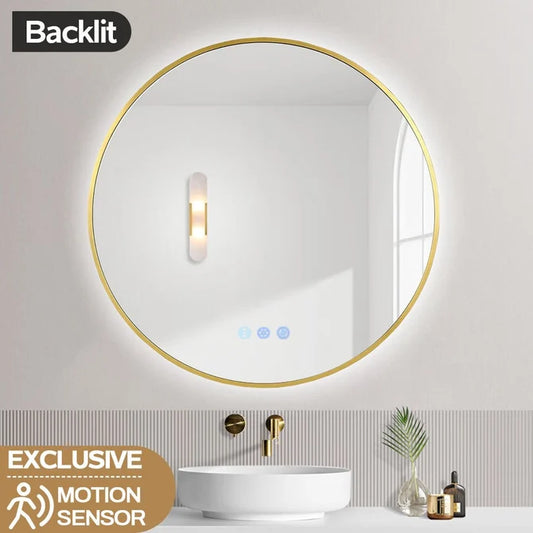 700MM ROUND BACKLIT LED MIRROR WITH MOTION SENSOR & BRUSHED BRASS FRAME | DEFOGGER | 3 COLOUR LIGHTS