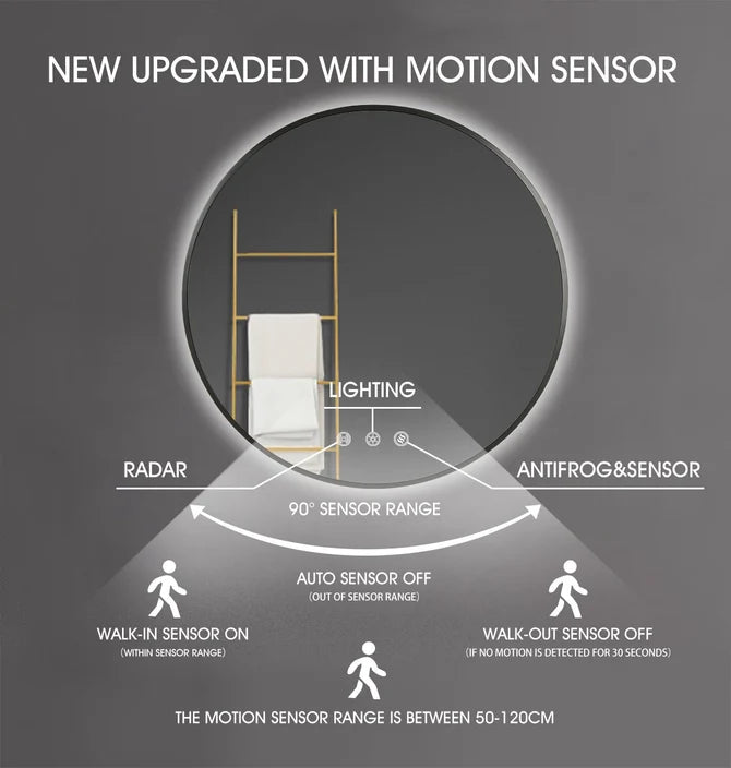 700MM ROUND BACKLIT LED MIRROR WITH MOTION SENSOR & GUNMETAL FRAME | DEFOGGER | 3 COLOUR LIGHTS