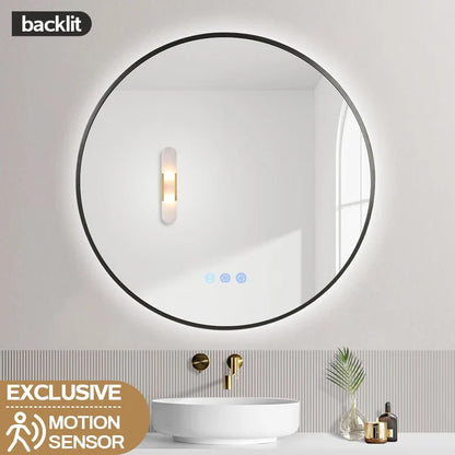 700MM ROUND BACKLIT LED MIRROR WITH MOTION SENSOR & GUNMETAL FRAME | DEFOGGER | 3 COLOUR LIGHTS