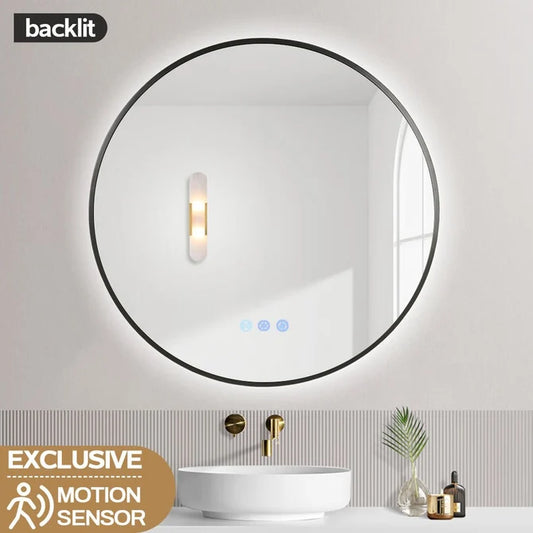 700MM ROUND BACKLIT LED MIRROR WITH MOTION SENSOR & GUNMETAL FRAME | DEFOGGER | 3 COLOUR LIGHTS