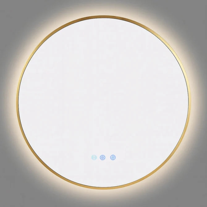 700MM ROUND BACKLIT LED MIRROR WITH MOTION SENSOR & BRUSHED BRASS FRAME | DEFOGGER | 3 COLOUR LIGHTS
