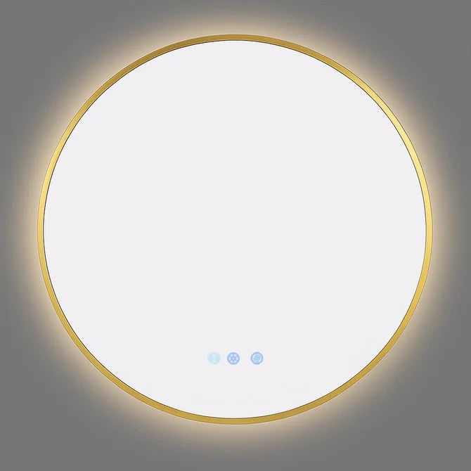 700MM ROUND BACKLIT LED MIRROR WITH MOTION SENSOR & BRUSHED BRASS FRAME | DEFOGGER | 3 COLOUR LIGHTS