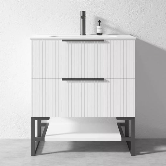 750MM FLUTED WHITE FLOORSTANDING PLYWOOD VANITY WITH CERAMIC TOP