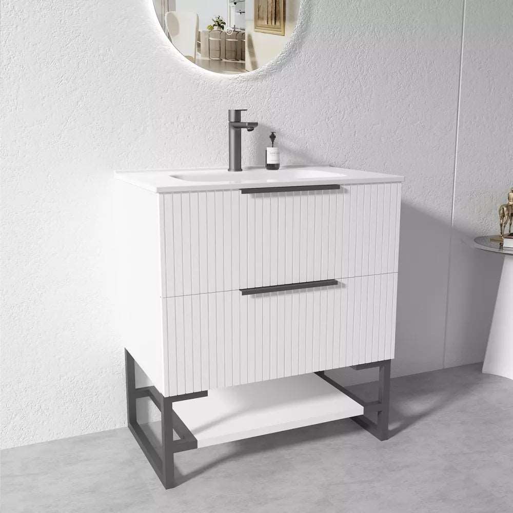 750MM FLUTED WHITE FLOORSTANDING PLYWOOD VANITY WITH CERAMIC TOP - The Tile Collection™