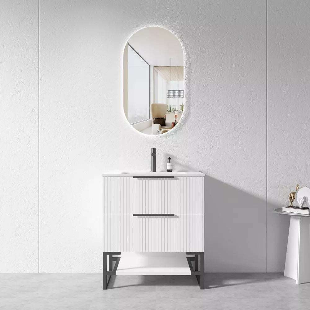 750MM FLUTED WHITE FLOORSTANDING PLYWOOD VANITY WITH CERAMIC TOP - The Tile Collection™