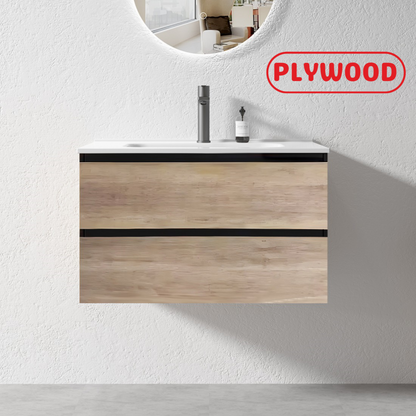 NELSON WALL HUNG VANITY | 750MM | BLACK & LIGHT OAK | PLYWOOD - The Tile Collection™