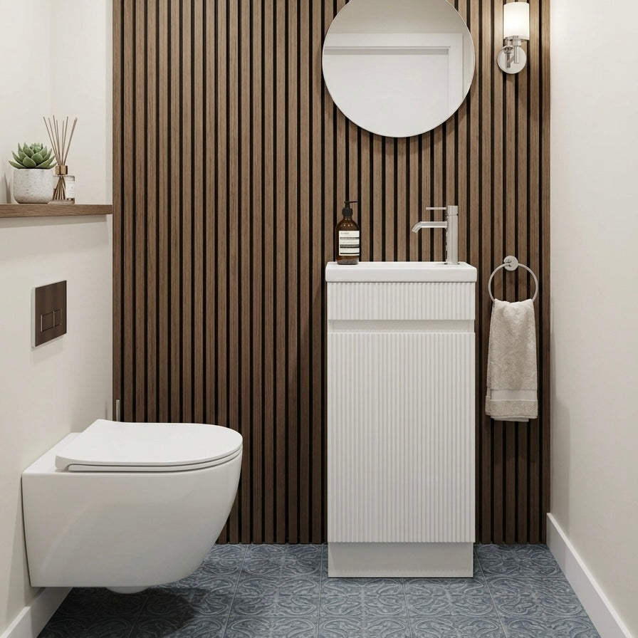 EM40 400MM FLUTED GLOSS WHITE PLYWOOD FLOORSTANDING VANITY WITH CERAMIC TOP
