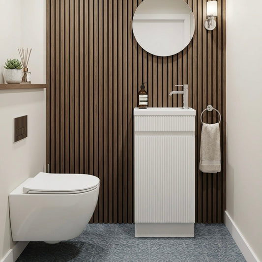 EM40 400MM FLUTED GLOSS WHITE PLYWOOD FLOORSTANDING VANITY WITH CERAMIC TOP