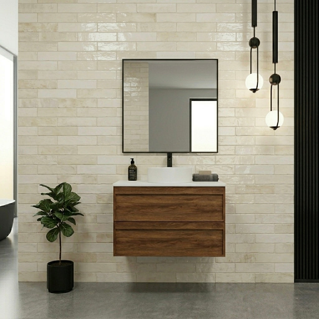 ASPEN WALNUT WALL HUNG VANITY 750MM | 2 DRAWERS, PLYWOOD FLOATING VANITY NZ