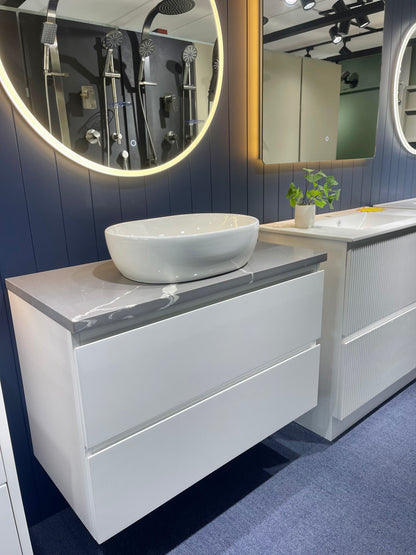 Gloss White Wall Hung Vanity with Grey Calacatta Marble vanity top and oval white ceramic basin