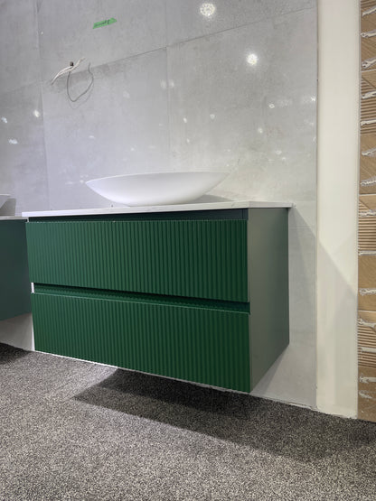 VERTO WILD 900MM PLYWOOD WALL HUNG VANITY - FOREST GREEN, FLUTED FRONT WITH CERAMIC TOP