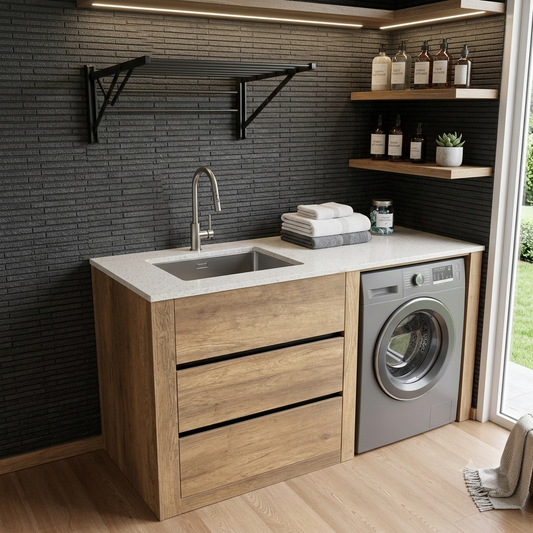 1500MM PLYWOOD LAUNDRY STATION | ANTIQUE OAK| STONE BENCHTOP | STAINLESS STEEL SINK