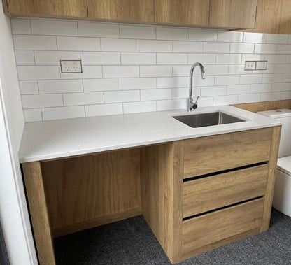 1500MM PLYWOOD LAUNDRY STATION | ANTIQUE OAK| STONE BENCHTOP | STAINLESS STEEL SINK