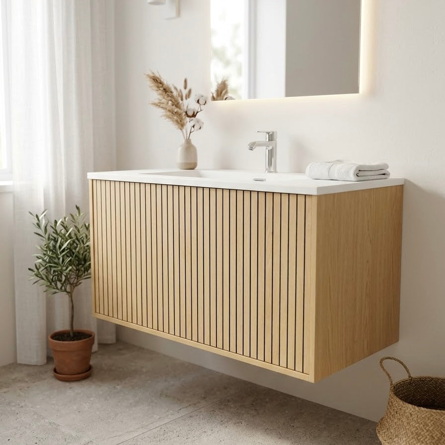 NORDI 900MM WALL HUNG FLUTED OAK VANITY | SINGLE DRAWER
