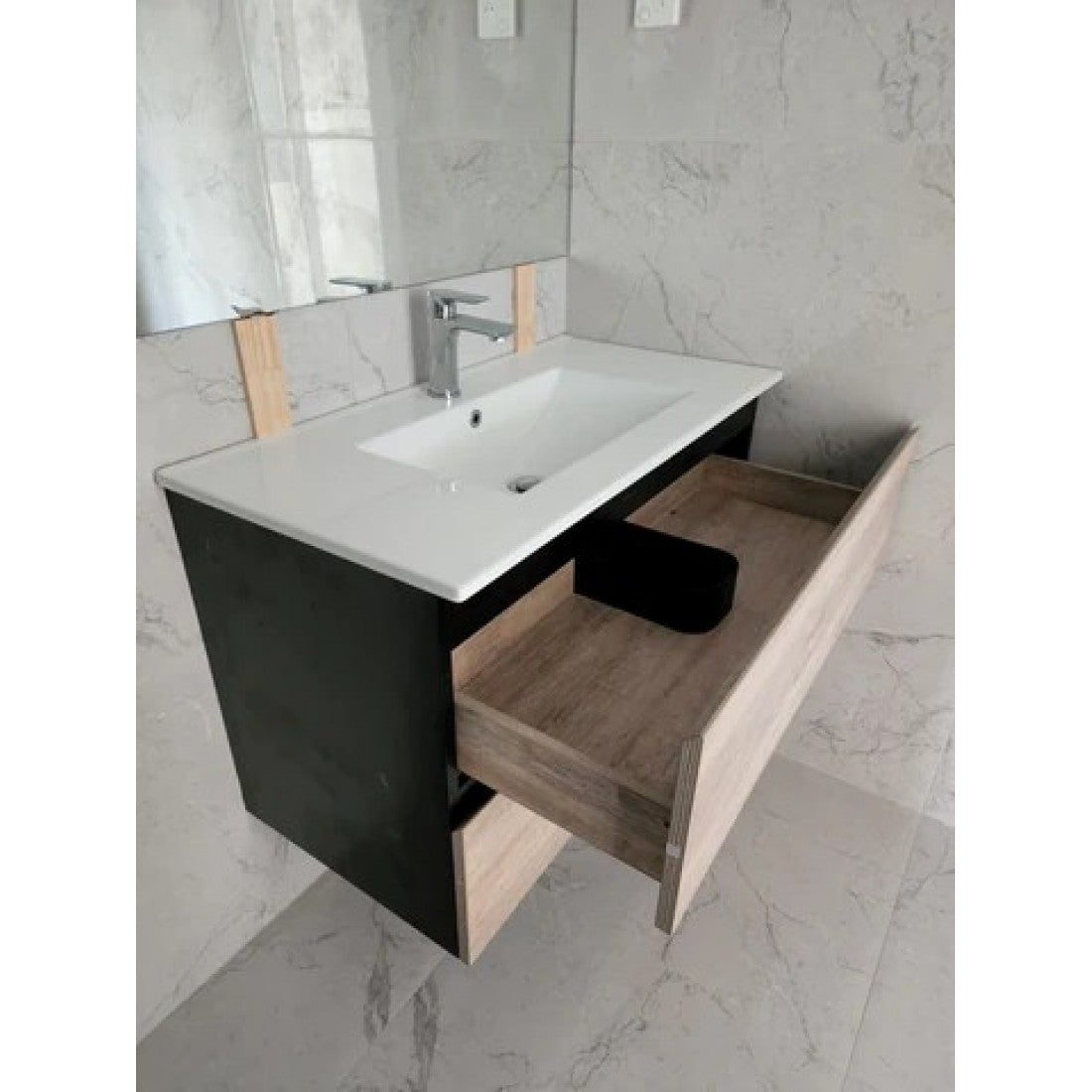 NELSON WALL HUNG VANITY | 900MM | BLACK & LIGHT OAK | PLYWOOD - The Tile Collection™