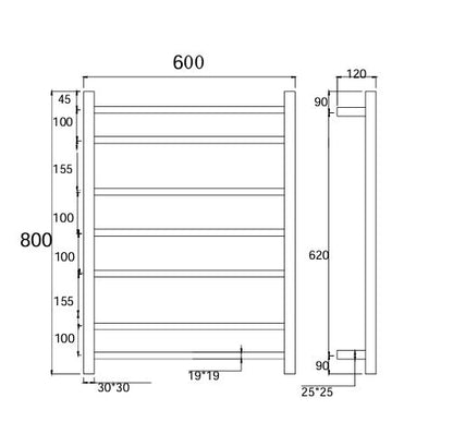 7 BAR SQUARE HEATED TOWEL RAIL 600MM WIDE HTR 800H*600W- CHROME - The Tile Collection™