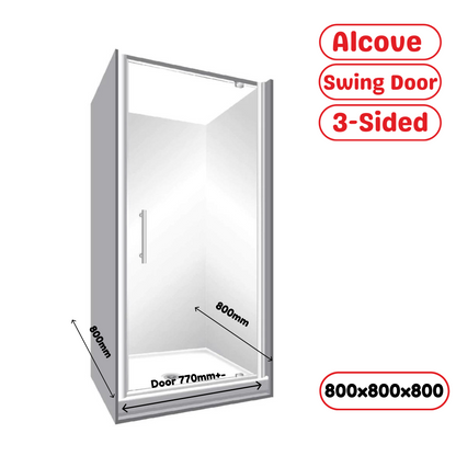 800x800x800MM ALCOVE 3 SIDED SHOWER ENCLOSURE WITH SWING DOOR - CHROME - The Tile Collection™