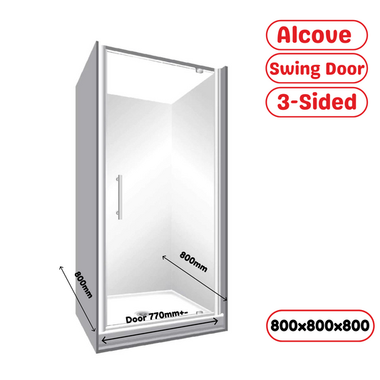 800x800x800MM ALCOVE 3 SIDED SHOWER ENCLOSURE WITH SWING DOOR - CHROME - The Tile Collection™