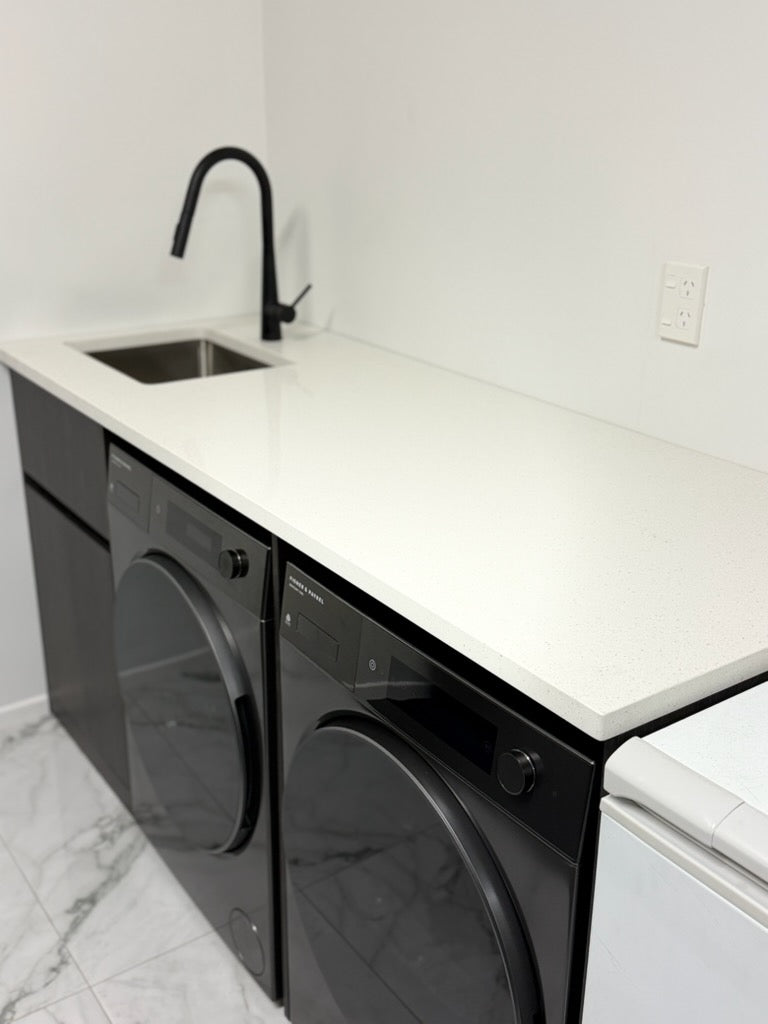 1800MM PLYWOOD LAUNDRY STATION - CHARRED ASH | STONE BENCHTOP | STAINLESS STEEL SINK