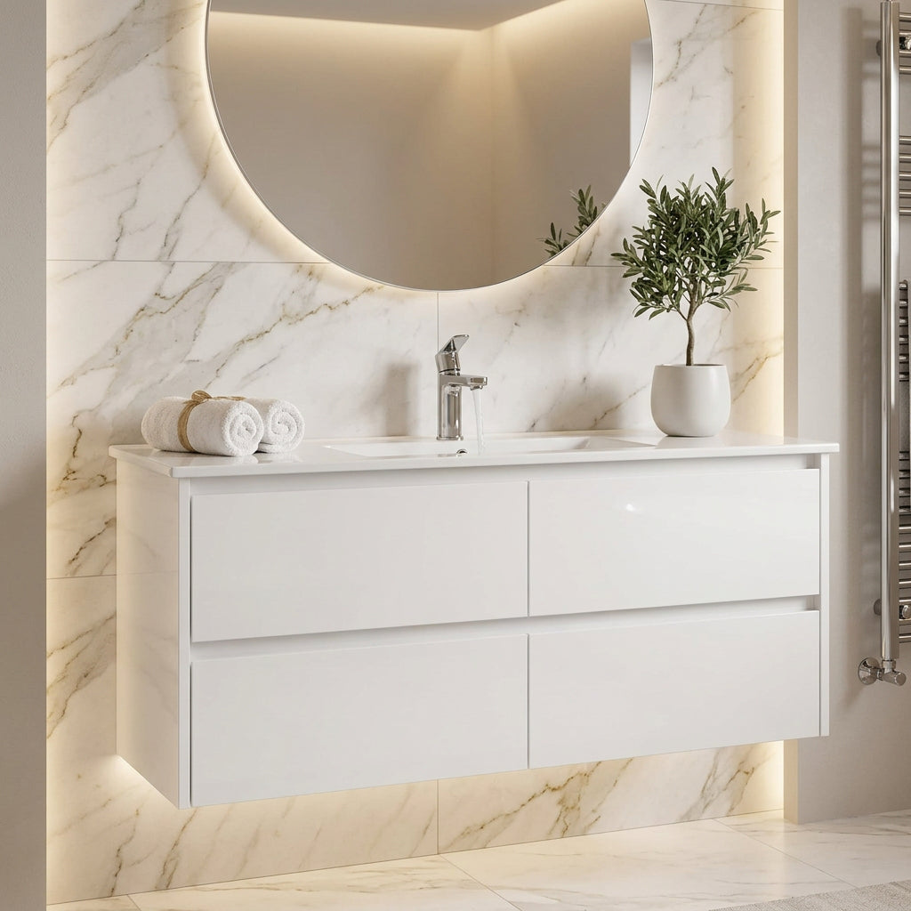 1200mm Gloss White Wall hung Vanity with 4 Drawers | Bathroom vanity nz
