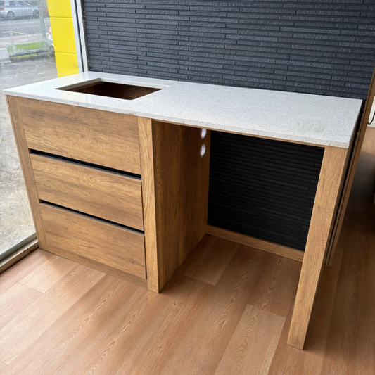 1500MM PLYWOOD LAUNDRY STATION | ANTIQUE OAK| STONE BENCHTOP | STAINLESS STEEL SINK
