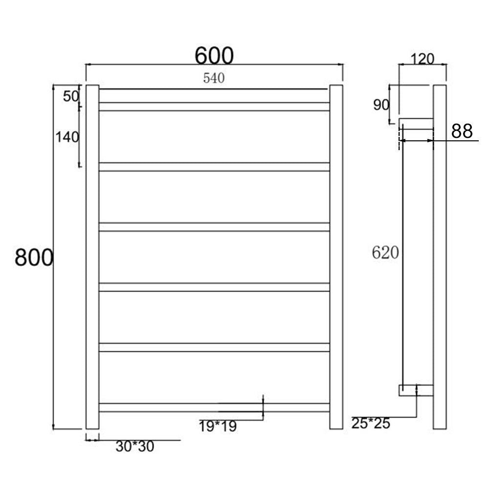 6 BAR SQUARE HEATED TOWEL RAIL 800H*600W*120D- CHROME