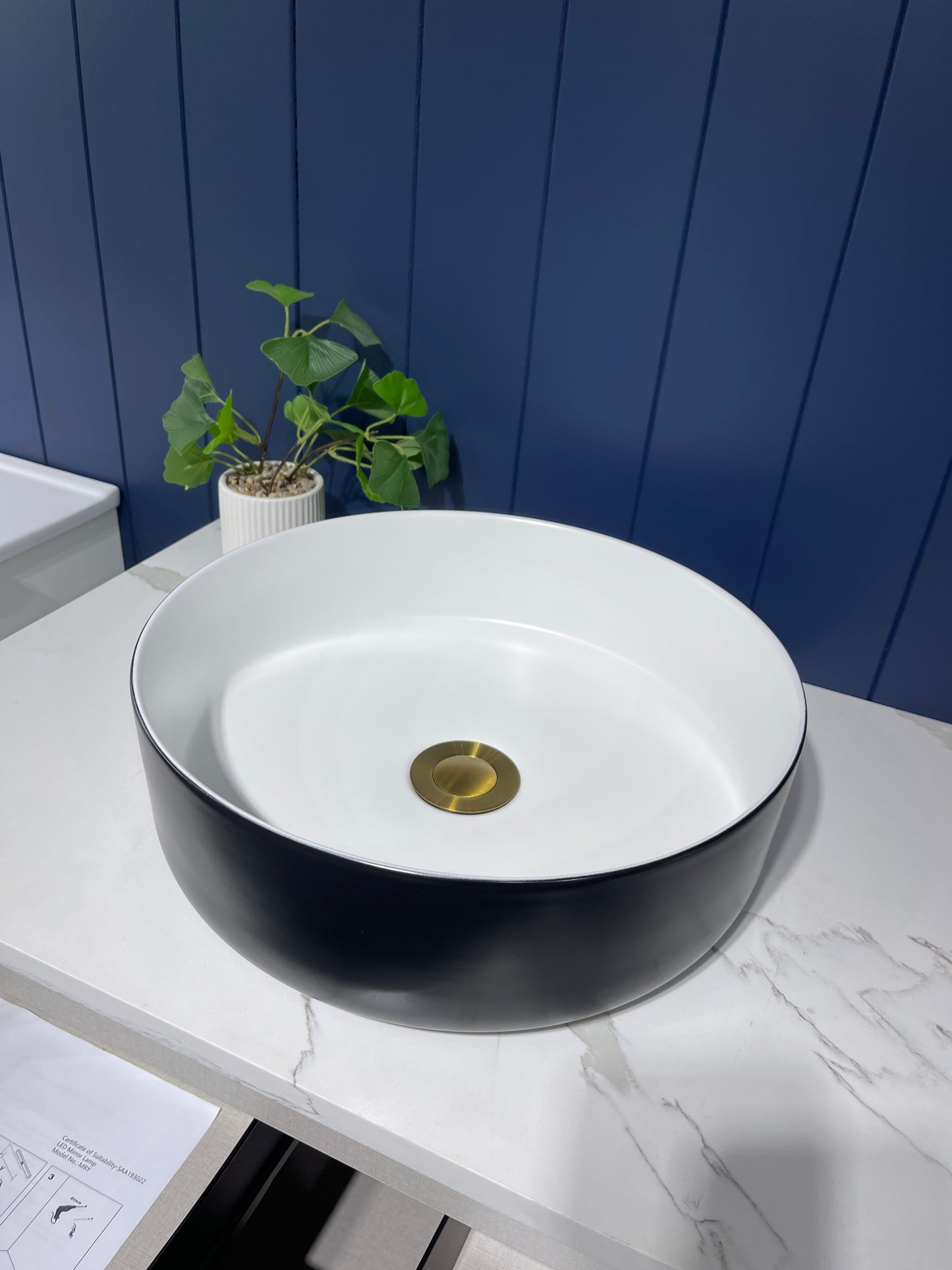 355MM ROUND ABOVE-COUNTER CERAMIC BASIN - BLACK & WHITE