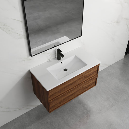 ASPEN WALNUT WALL HUNG VANITY 900MM | 2 DRAWERS, PLYWOOD FLOATING VANITY NZ