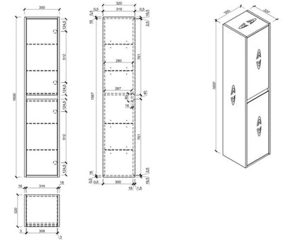 TALL FLUTED BATHROOM STORAGE CABINET - 1600MM HIGH - MATTE WHITE FINISH BC