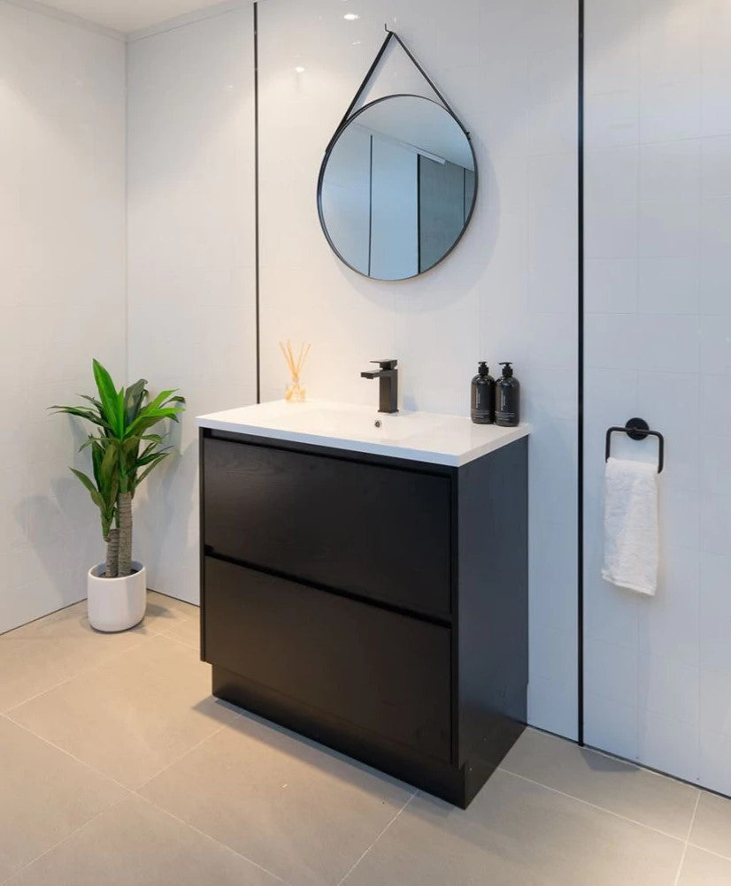 900MM POLO DARK OAK PLYWOOD FLOORSTANDING VANITY WITH CERAMIC TOP - The Tile Collection™