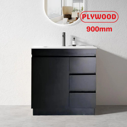 900MM MADRID DARK OAK PLYWOOD FLOORSTANDING VANITY WITH CERAMIC TOP