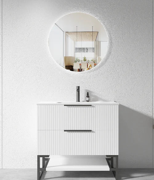 900MM FLUTED WHITE FLOORSTANDING PLYWOOD VANITY WITH CERAMIC TOP - The Tile Collection™