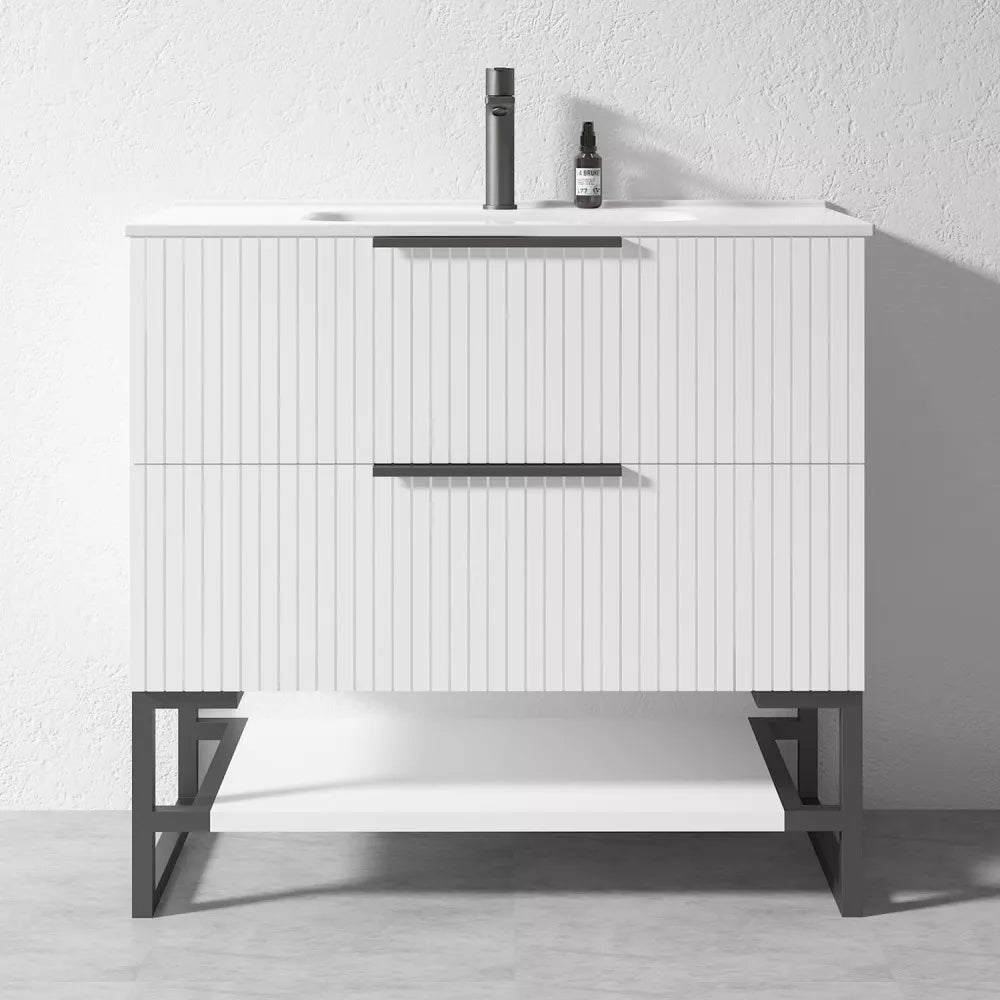 900MM FLUTED WHITE FLOORSTANDING PLYWOOD VANITY WITH CERAMIC TOP - The Tile Collection™