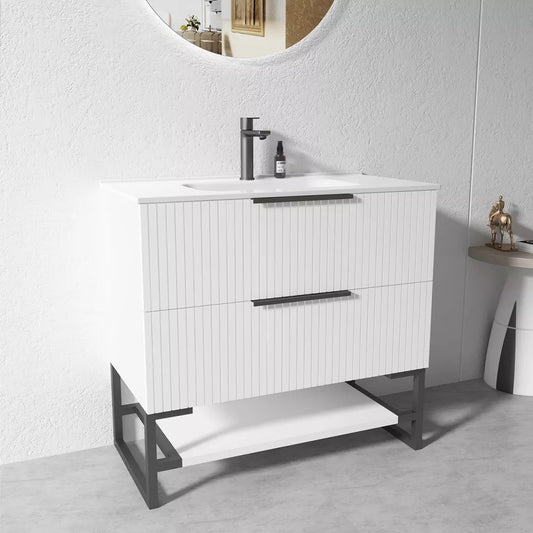 900MM FLUTED WHITE FLOORSTANDING PLYWOOD VANITY WITH CERAMIC TOP
