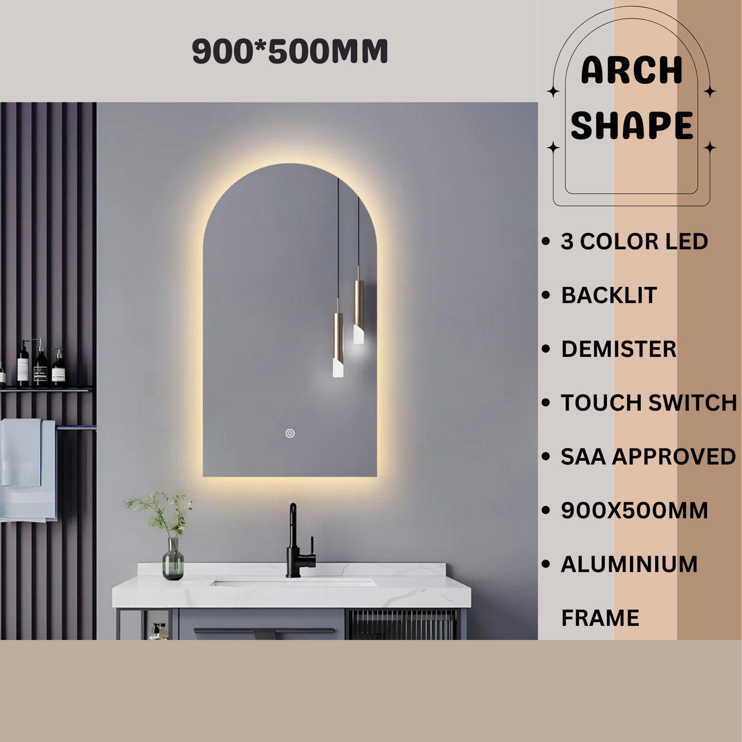 900X500MM BIANCA ARCH SHAPE BACKLIT LED MIRROR DN | DEFOGGER | 3 COLOUR LIGHTS