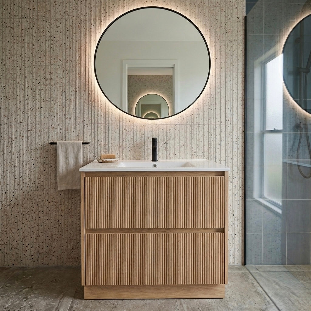 Fluted oak floor standing vanity with integrated ceramic basin and matte black tapware, shown with round LED mirror and terrazzo wall tiles — available in 600mm to 1200mm, The Tile Collection NZ